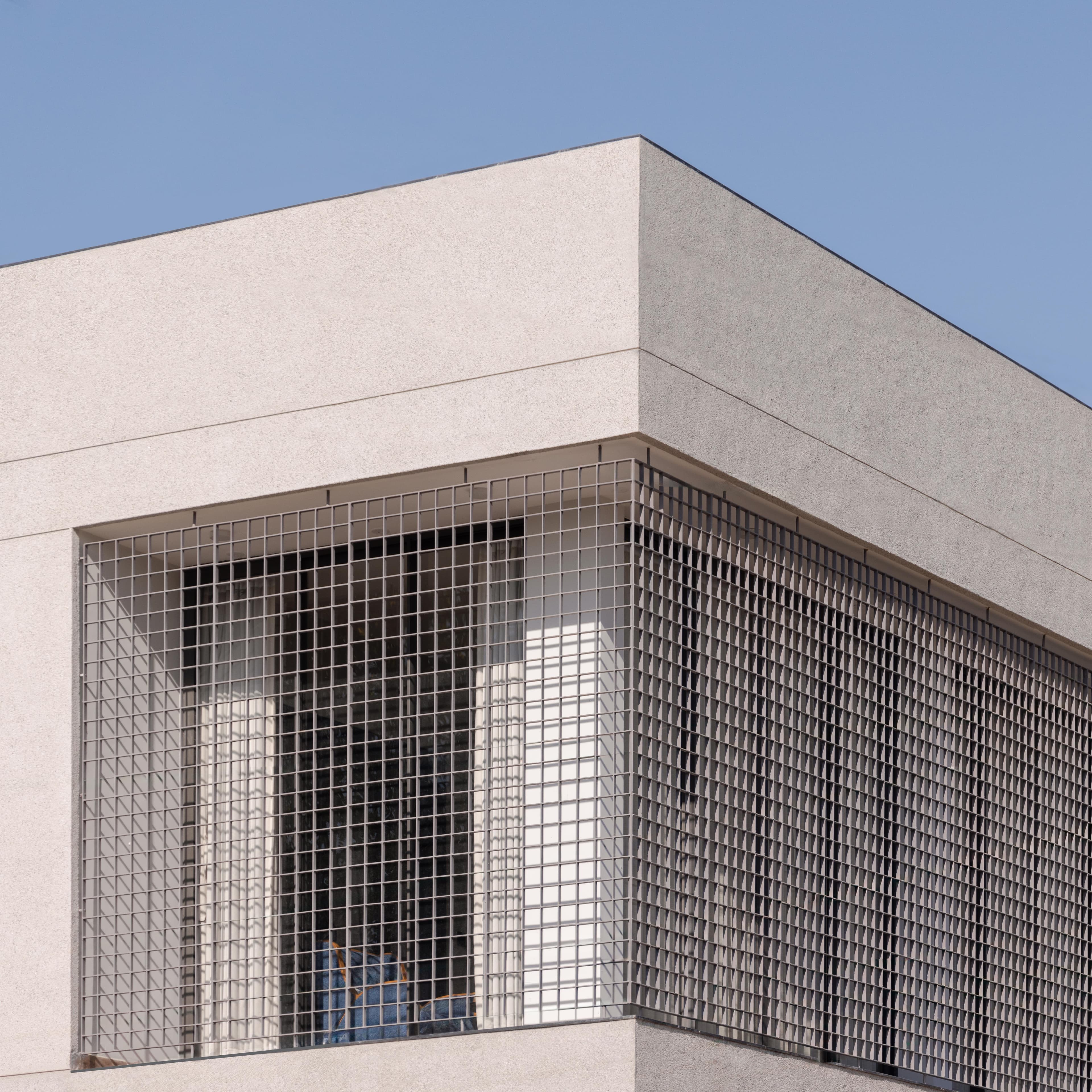 Close-up view of glass partitions