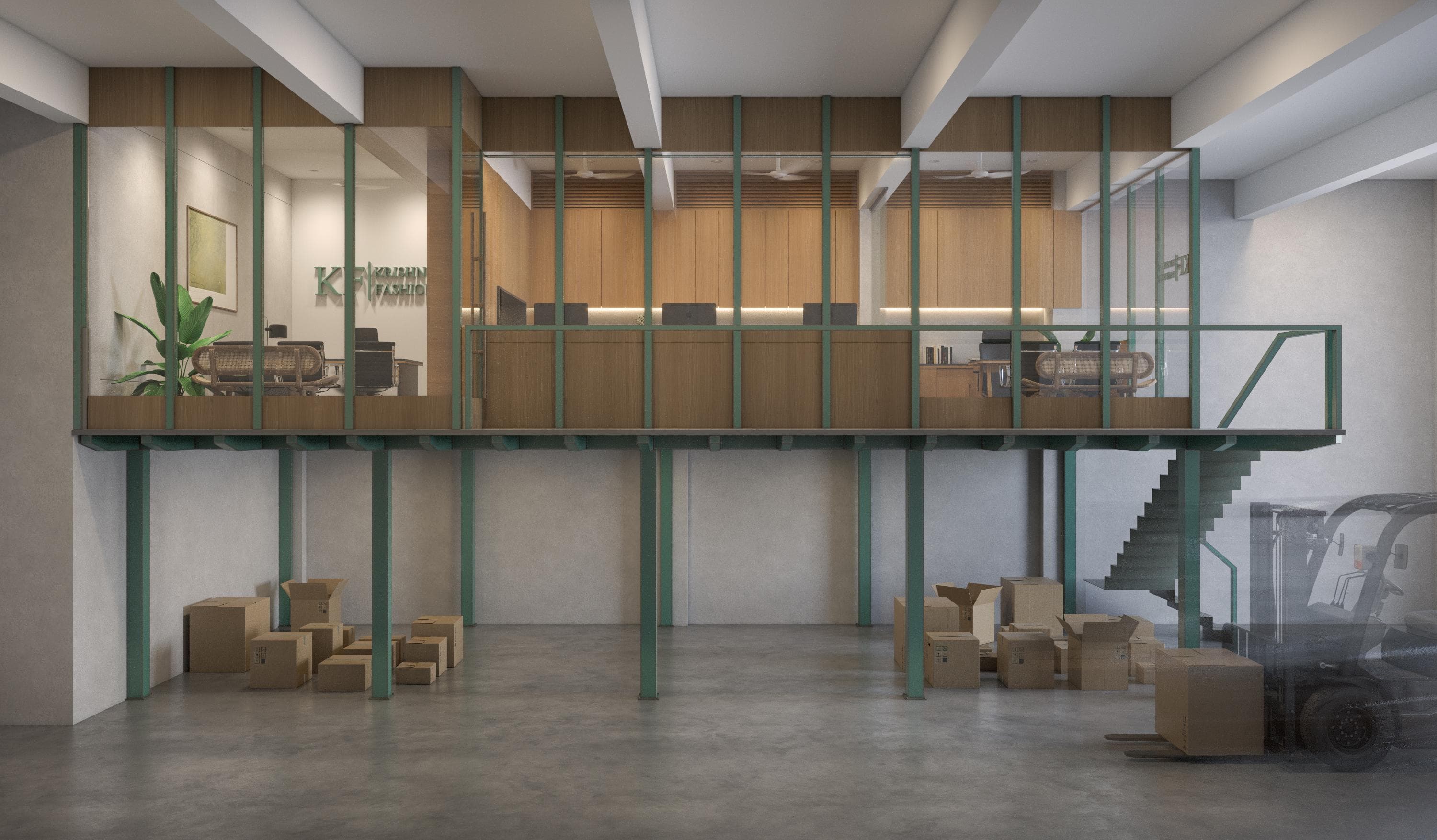 Modern office workspace with wooden finishes