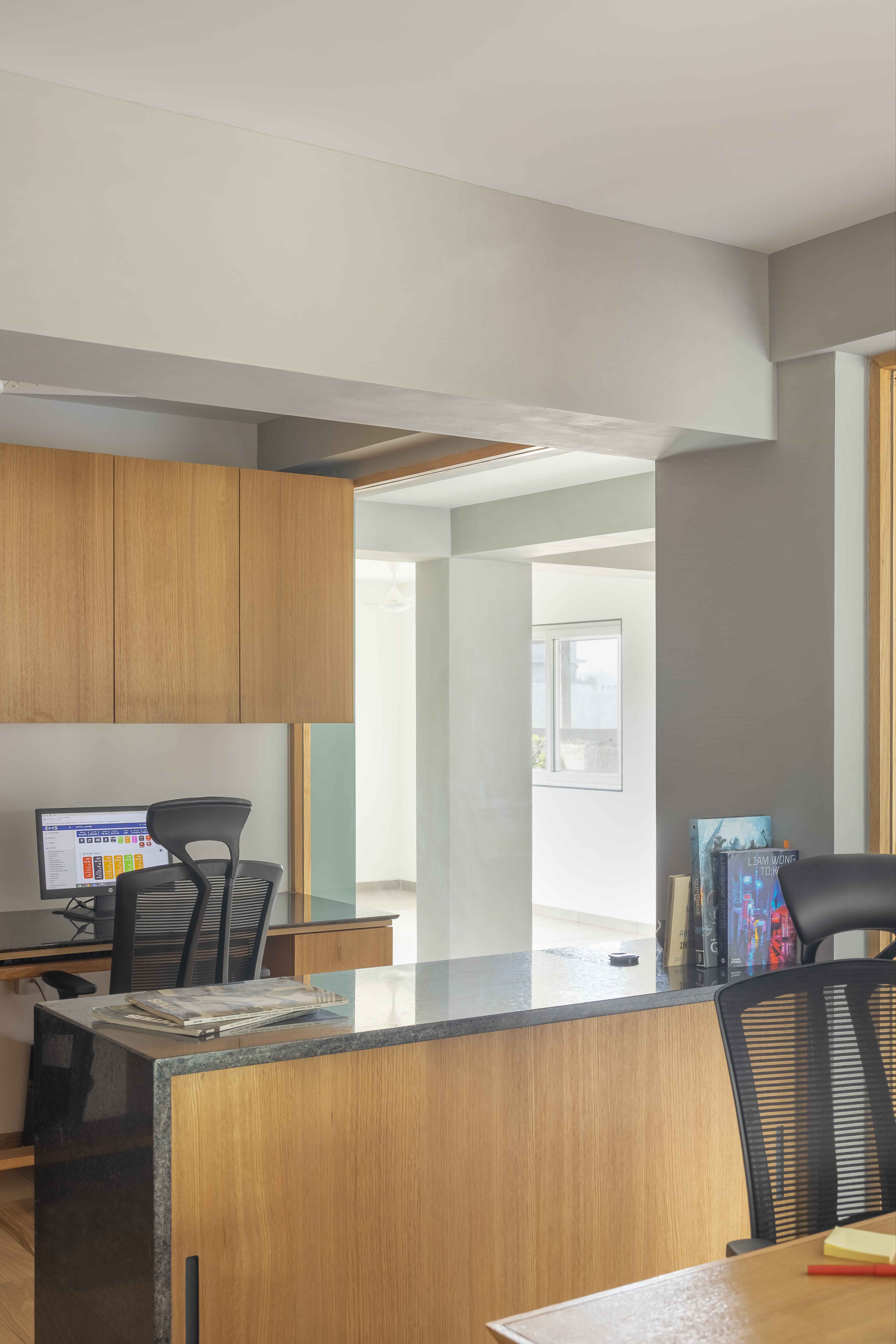 Modern office workspace with wooden finishes