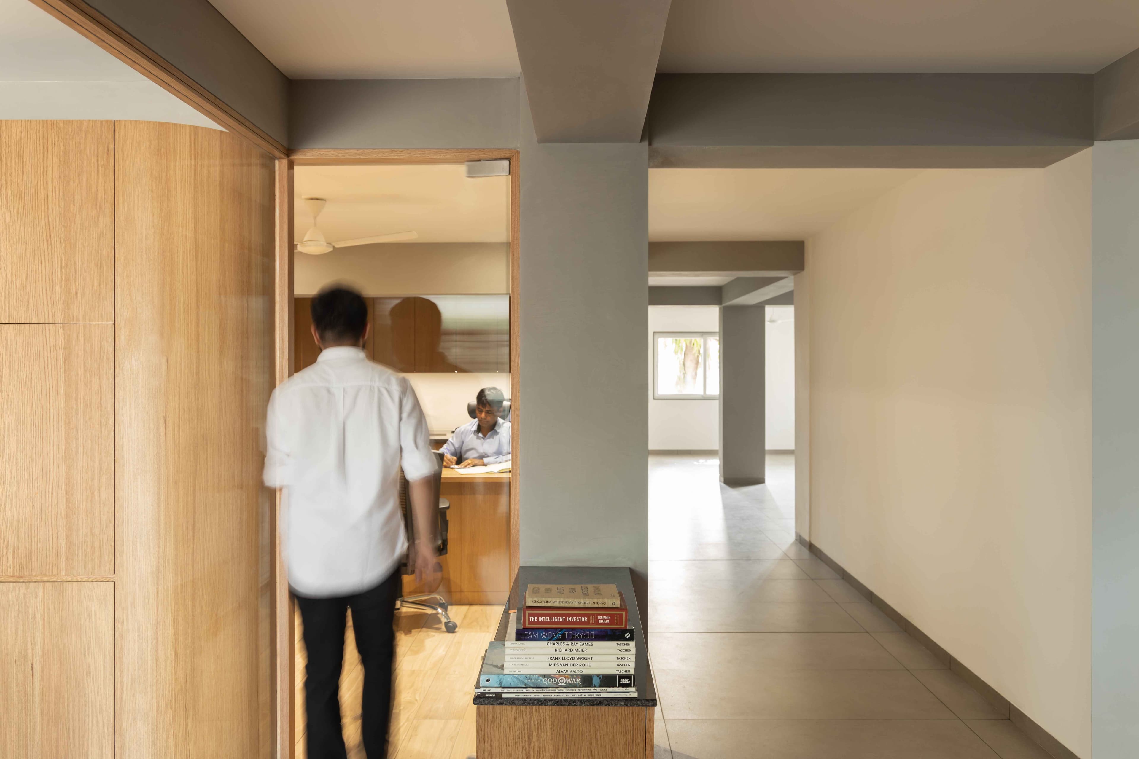 Close-up view of glass partitions