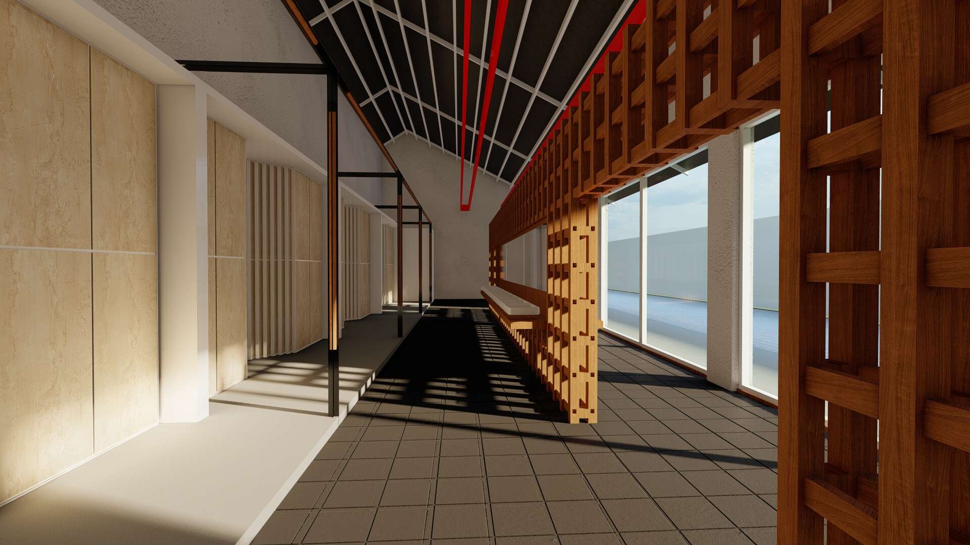 Close-up view of glass partitions