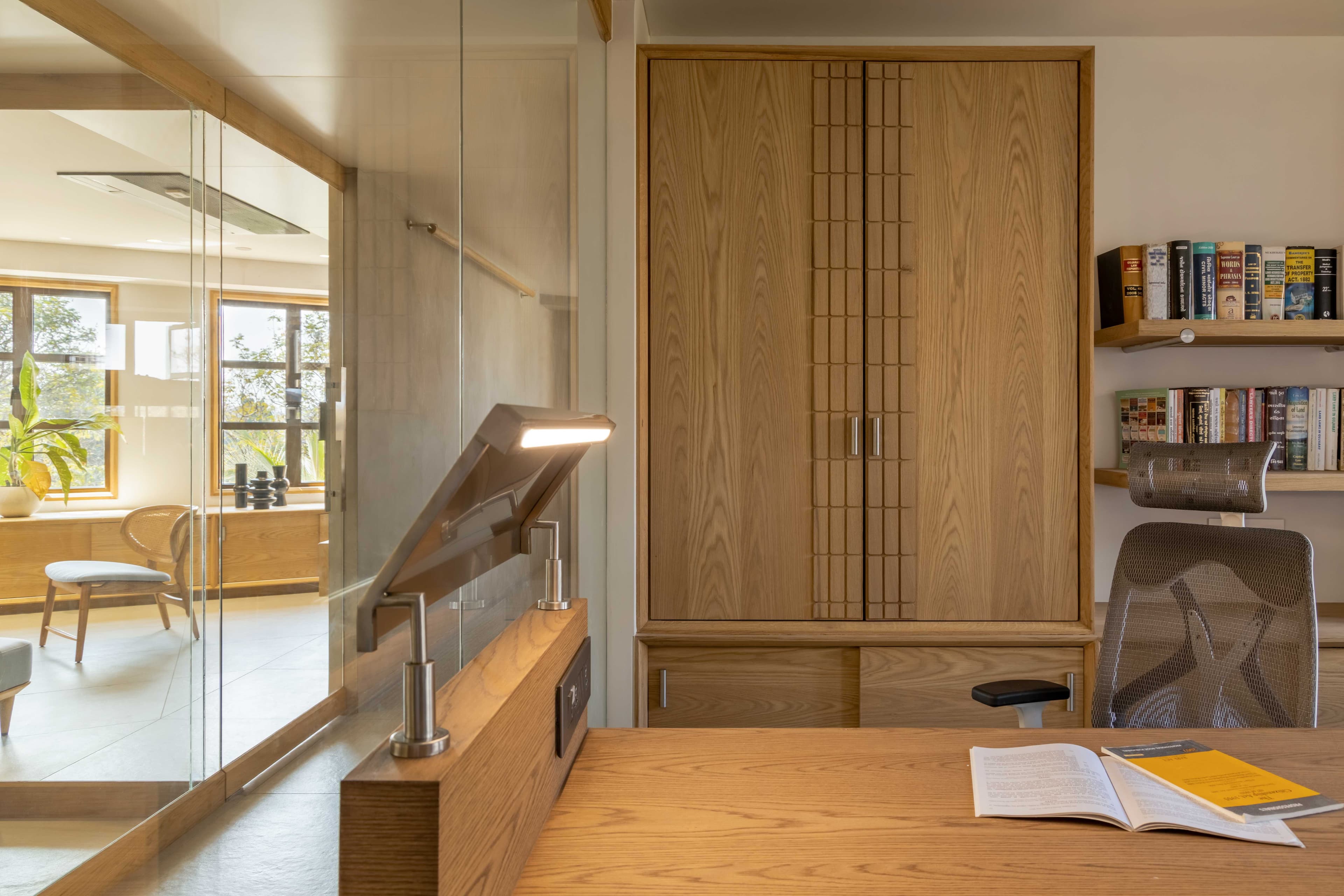Modern office workspace with wooden finishes